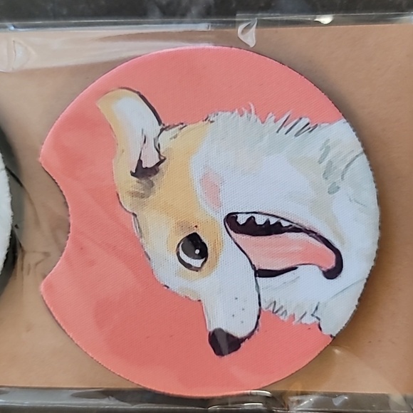 Corgi Dog Smiling Handmade Reuseable Neoprene Set of 2 Cup Holder Car Coasters - Picture 3 of 4